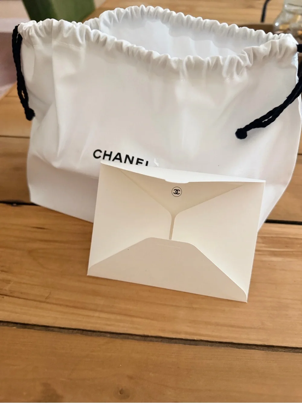 CHANEL White Drawstring Dust Bag with Black Cord and White Envelope